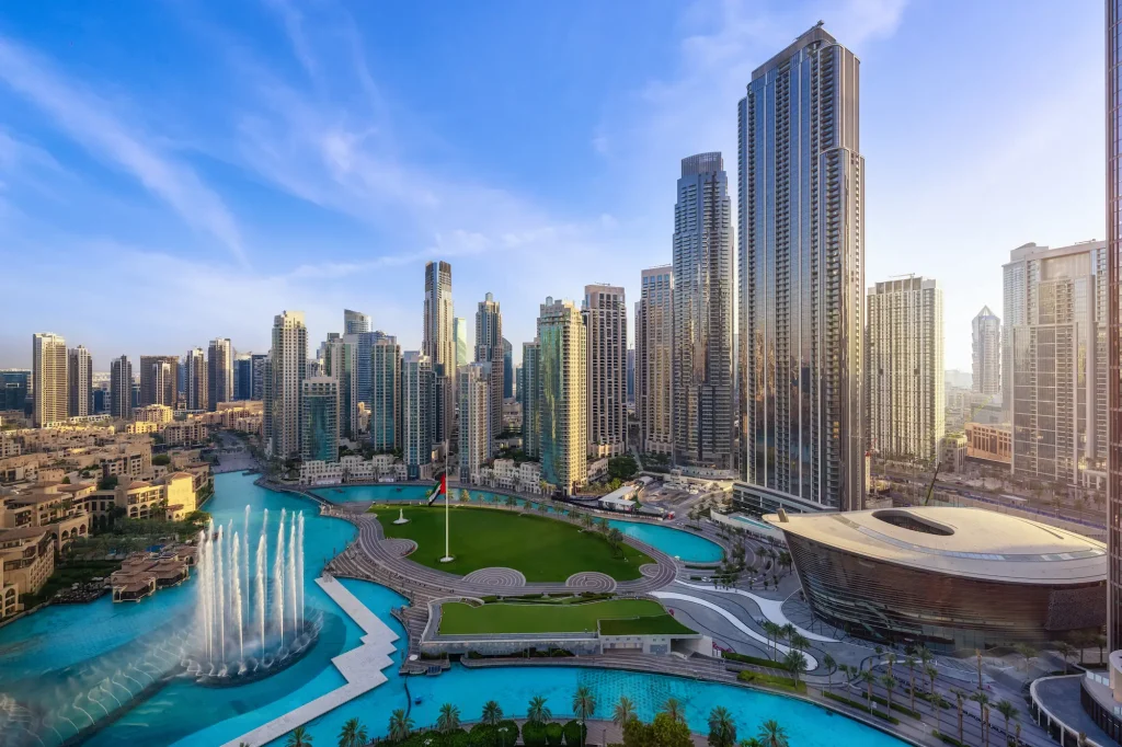 Downtown Dubai skyline with Burj Khalifa and Dubai Fountain