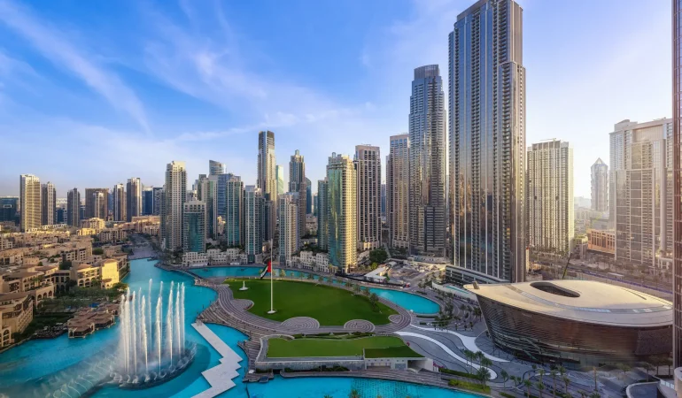 Downtown Dubai skyline with Burj Khalifa and Dubai Fountain